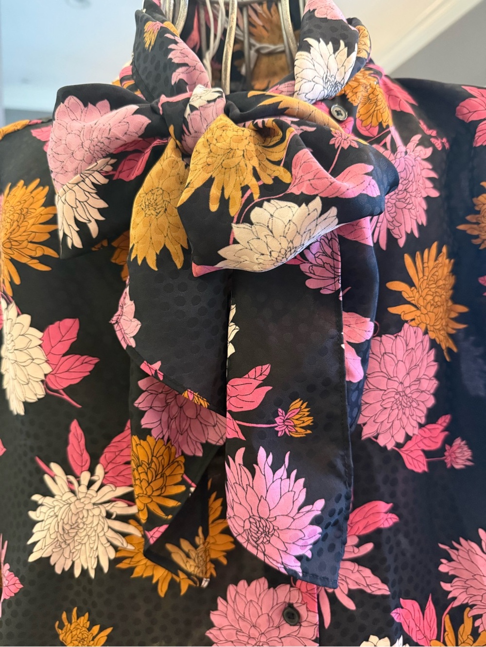 Ann Taylor Black Floral Tie-Neck Blazer — Pink & Gold Blossom Print